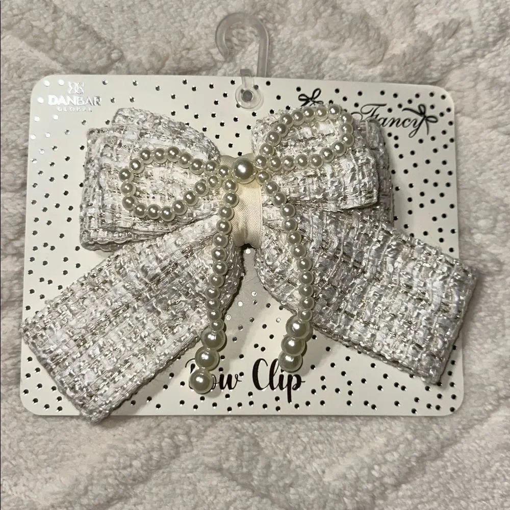 DANBAR GLOBAL Child Adult Ivory Gold White Tweed Faux Pearl Over Bow Hair Clip